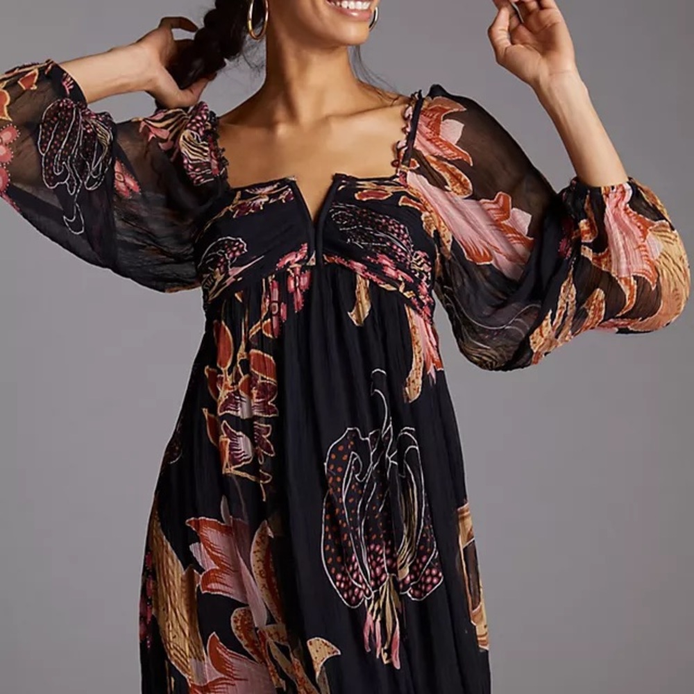 Black Floral Boho Maxi Dress with Pink & Tan Print